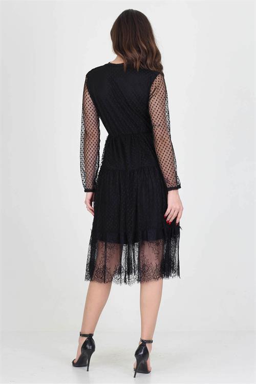 Neseli butik kruvaze yaka eteği güpür detaylı yeni sezon elbise NB0010 