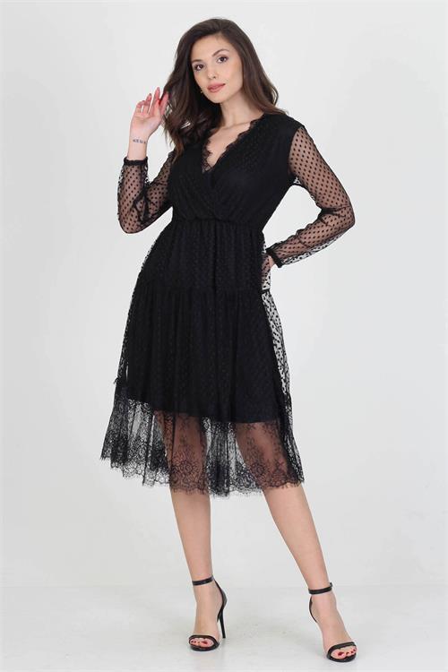 Neseli butik kruvaze yaka eteği güpür detaylı yeni sezon elbise NB0010 