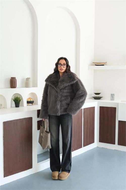 Neseşi butik kadın antrasit astarlı kürk kaban DPMYLK32