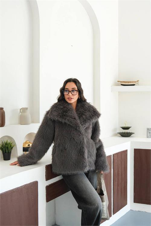Neseşi butik kadın antrasit astarlı kürk kaban DPMYLK32