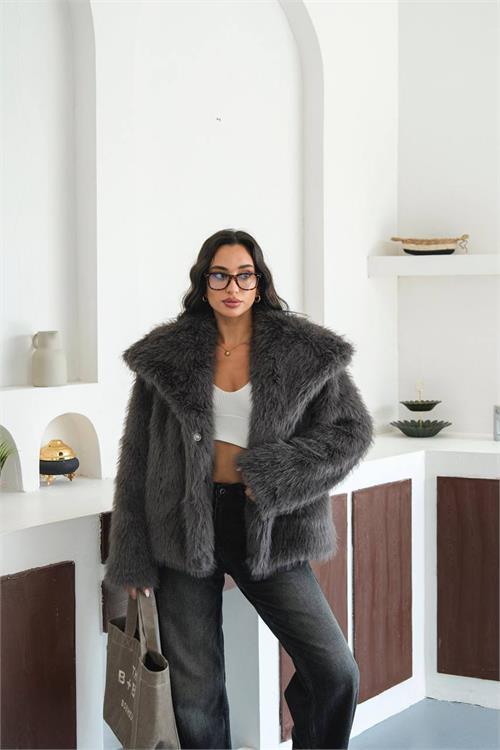 Neseşi butik kadın antrasit astarlı kürk kaban DPMYLK32