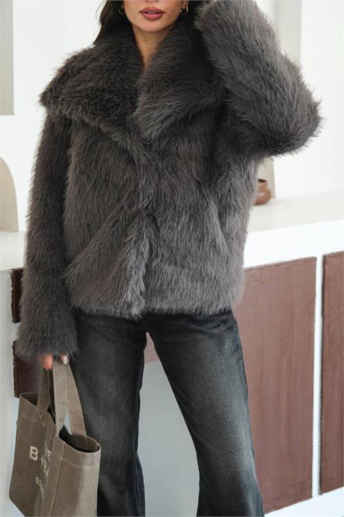 Neseşi butik kadın antrasit astarlı kürk kaban DPMYLK32