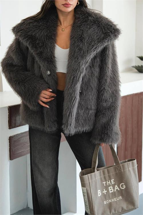 Neseşi butik kadın antrasit astarlı kürk kaban DPMYLK32