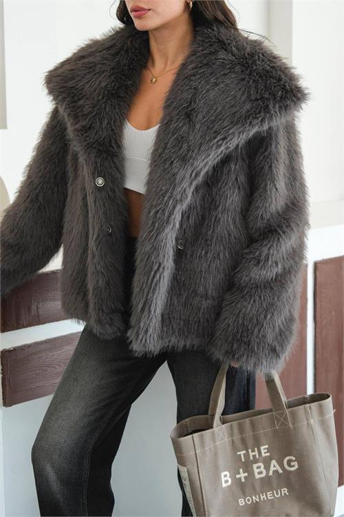 Neseşi butik kadın antrasit astarlı kürk kaban DPMYLK32