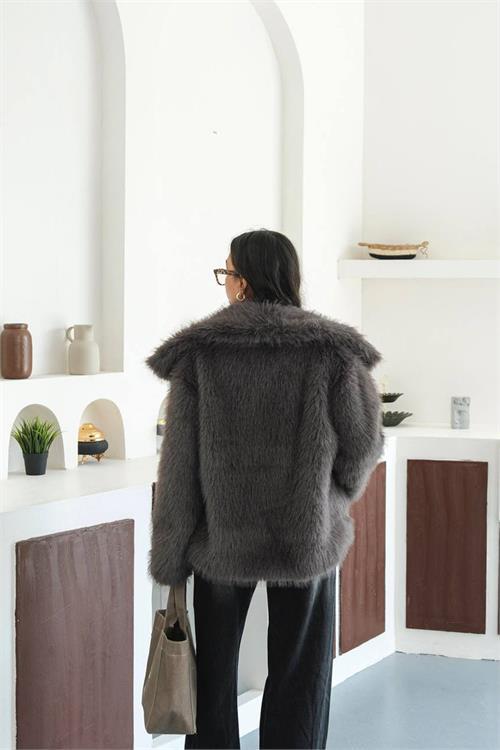 Neseşi butik kadın antrasit astarlı kürk kaban DPMYLK32