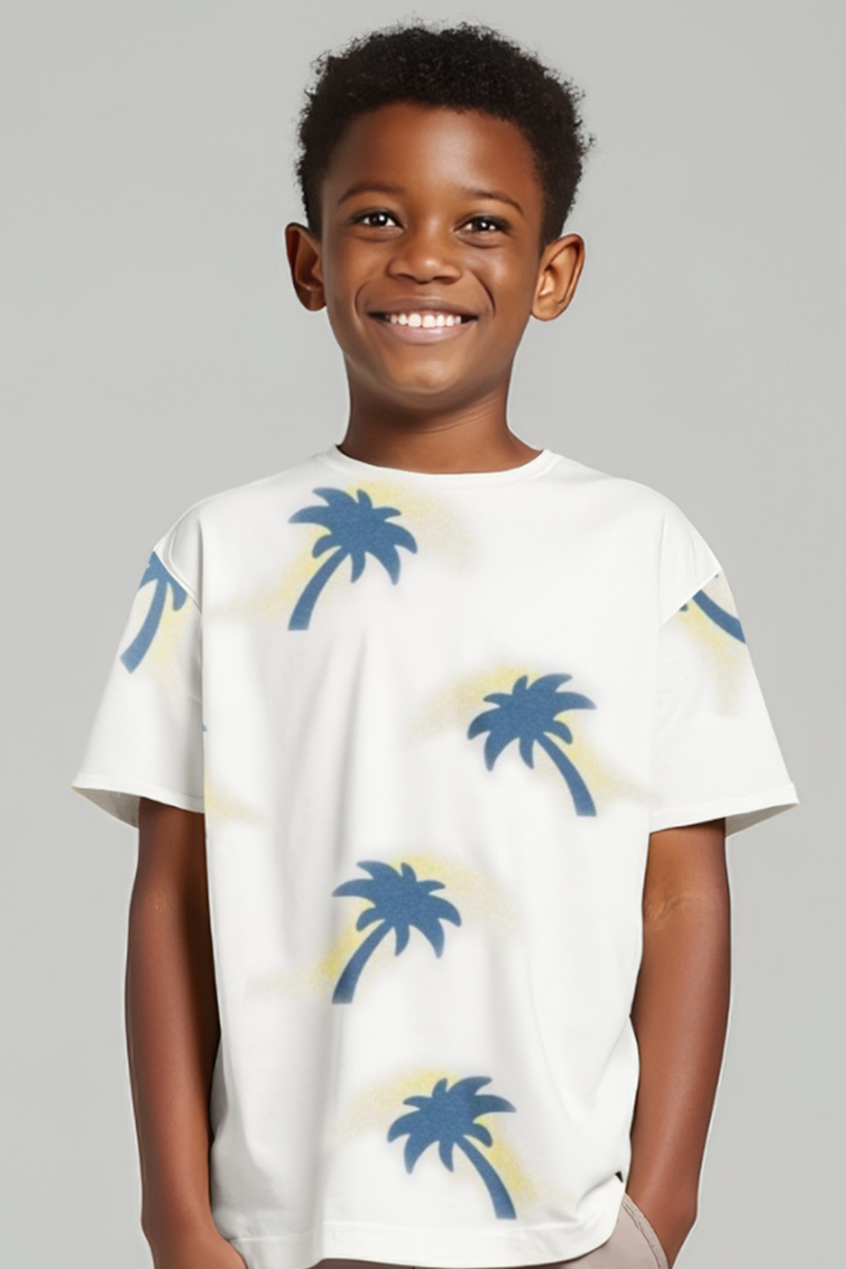 Palm Ekru Mavi Desenli Pamuklu Erkek Çocuk Tshirt