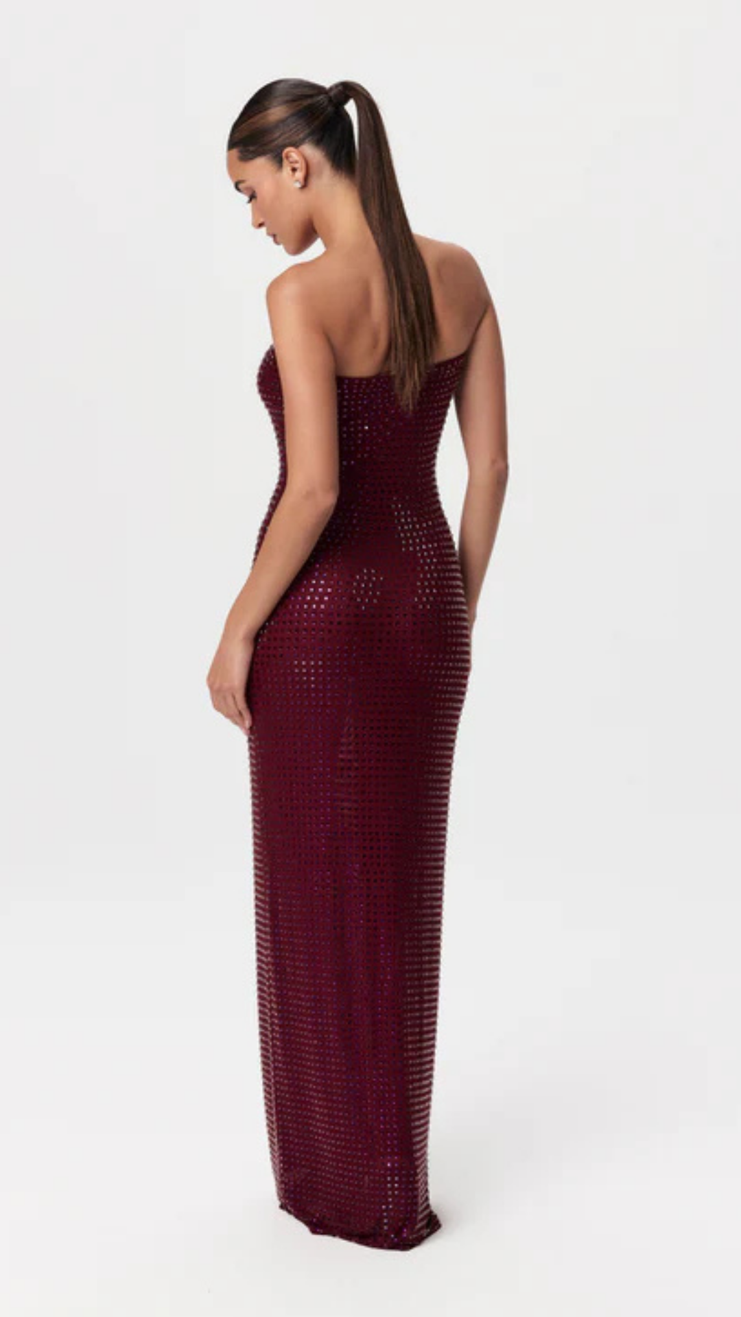 Bordo Kristal İşlemeli Straplez Elbise