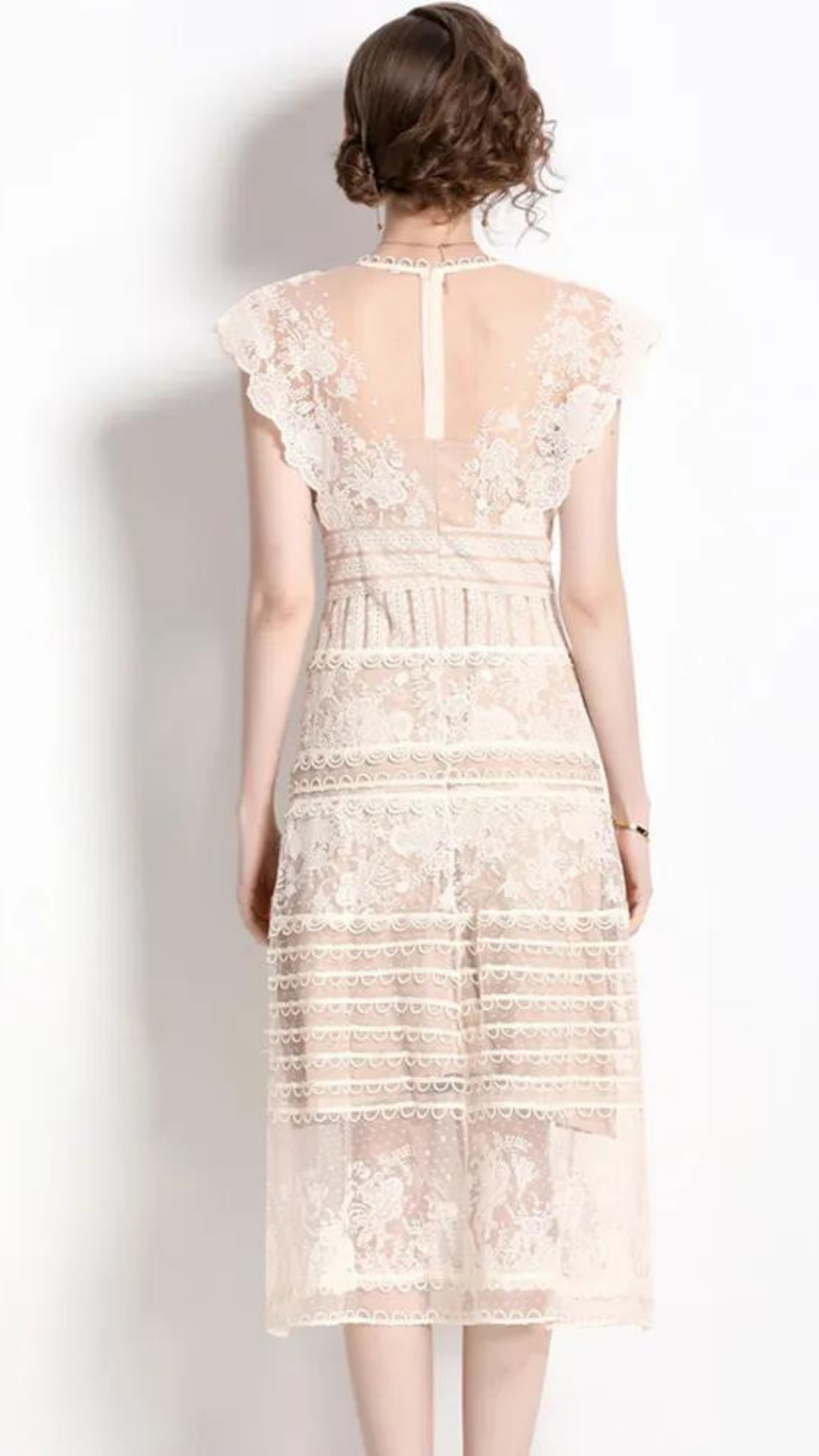 Krem  Midi Boy Halter Yaka Dantel Elbise