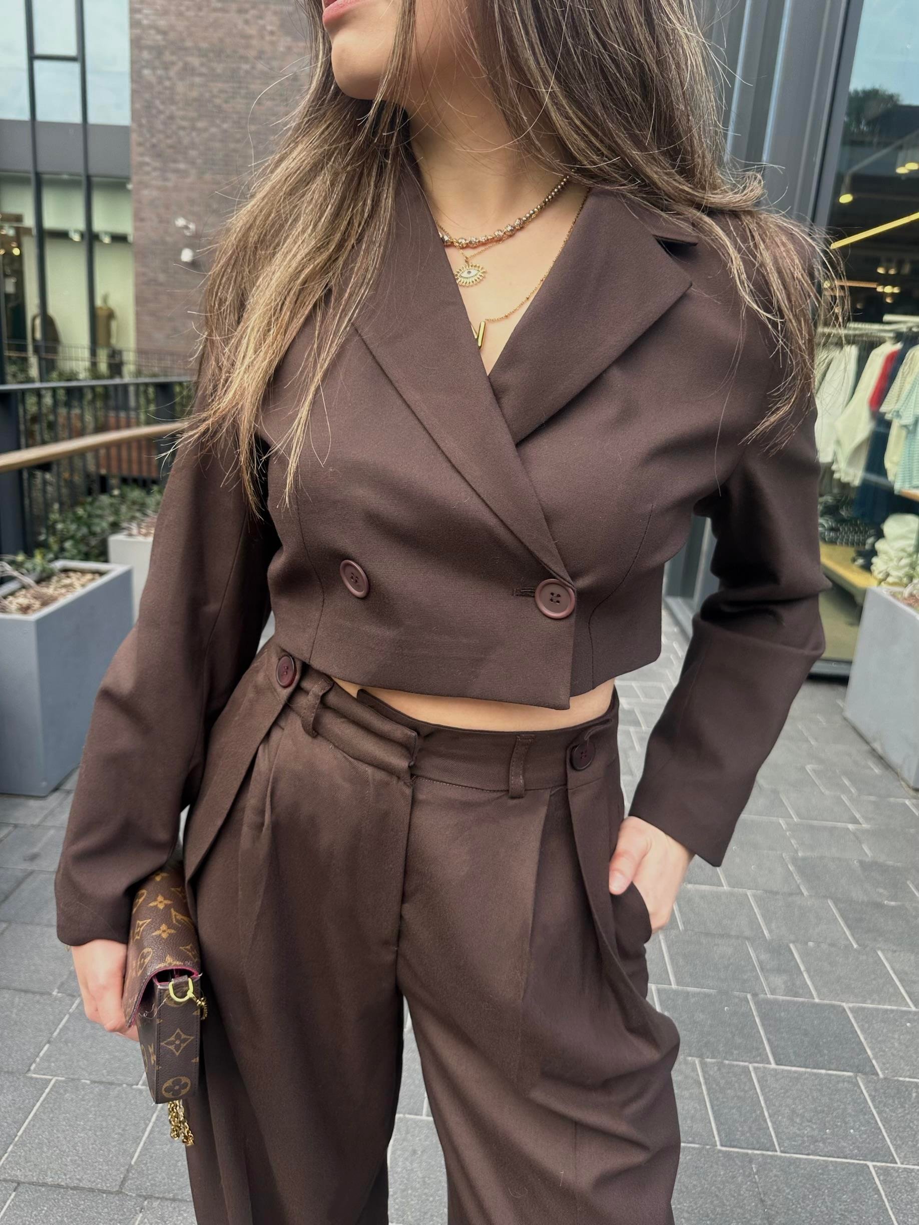 CROP BLAZER ÇAPRAZ DÜĞÜM CEKET-KAHVERENGİ