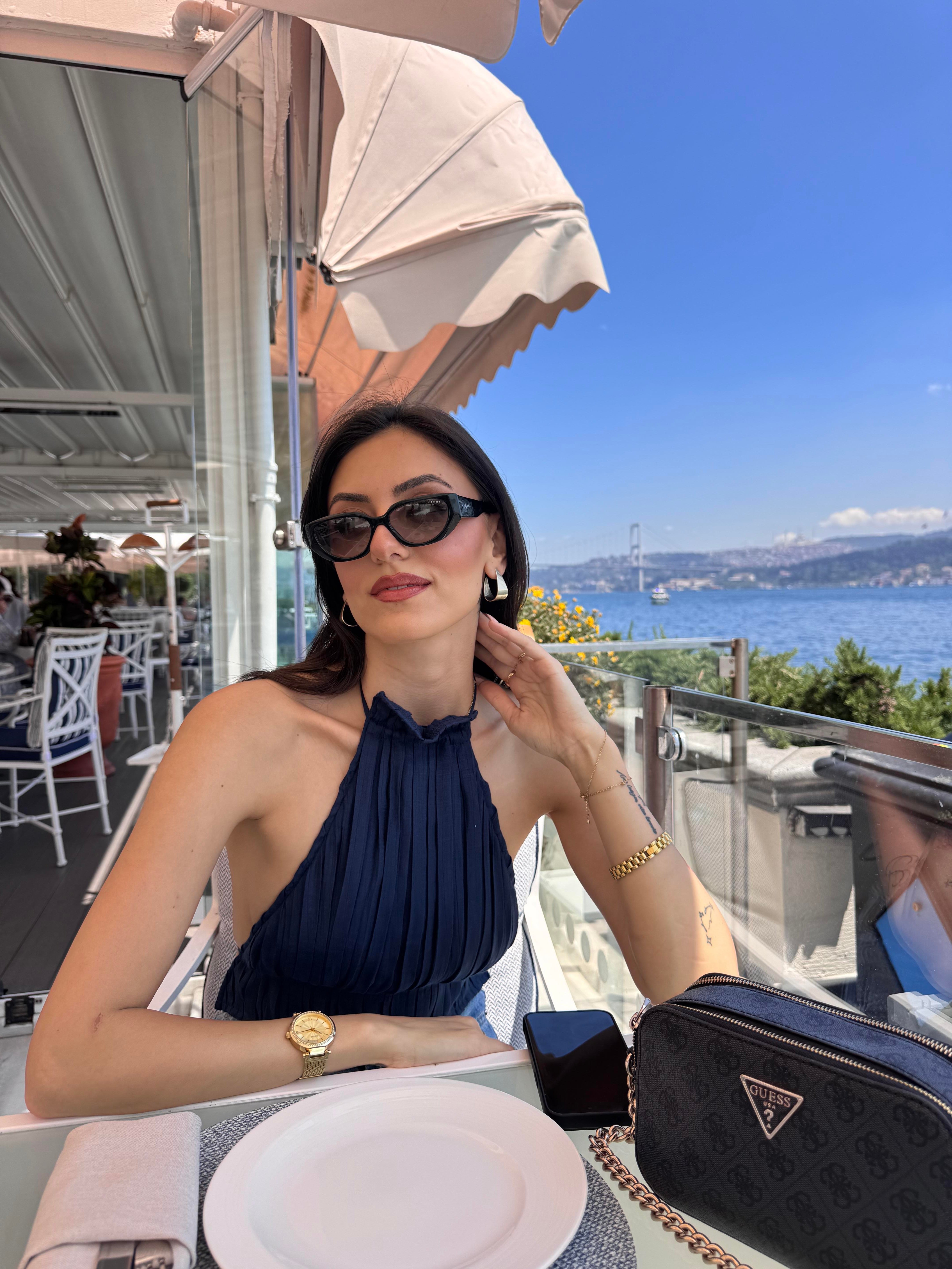 HALTER YAKA PİLELİ BLUZ-LACİVERT
