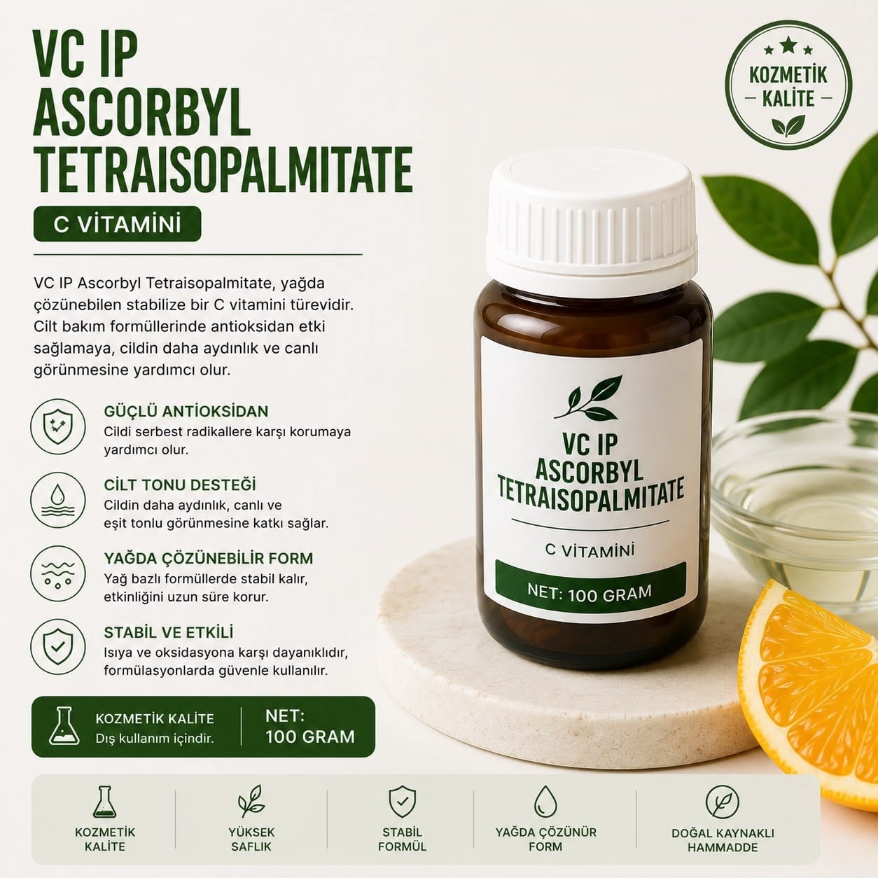 100 Gr  VC-IP (ASCORBYL TETRAISOPALMITATE) C VitaminiHammaddeMD Beauty