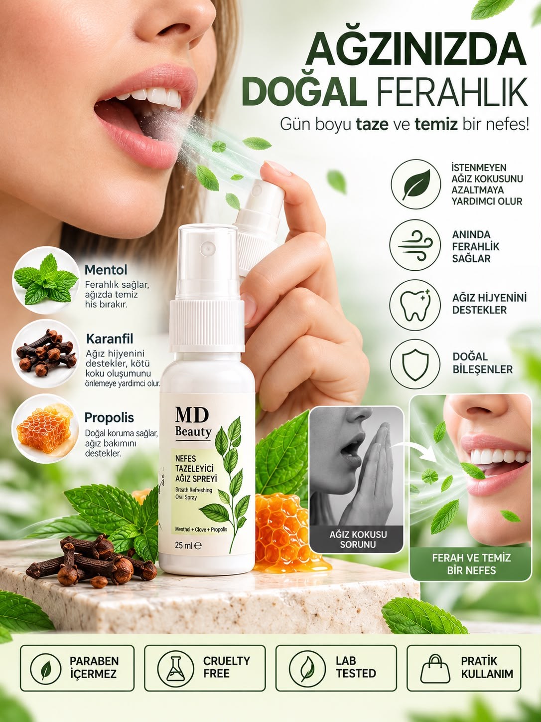 MD Beauty Nefes Tazeleyici Ağız Spreyi 4'lü Set 4x25 ml – Mentol, Karanfil ve Propolis İçeren Ferahlatıcı SpreyVÜCUT BAKIM ÜRÜNLERİMD Beauty