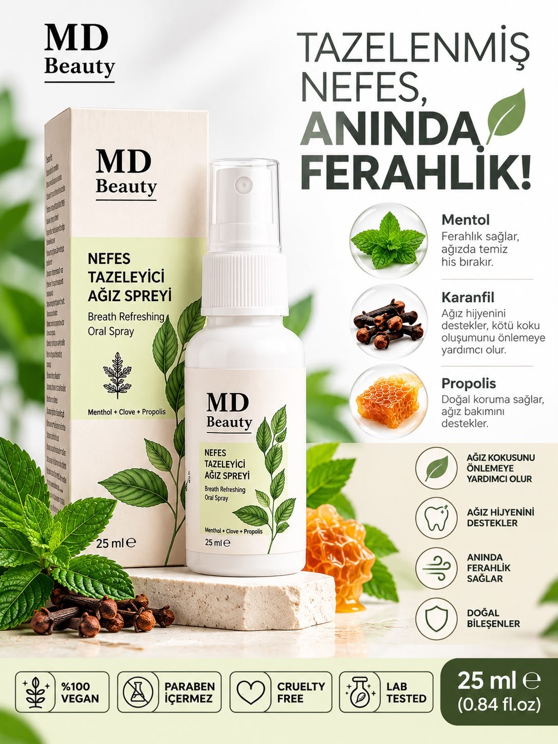 MD Beauty Nefes Tazeleyici Ağız Spreyi 3'lü Set 3x25 ml – Mentol, Karanfil ve Propolis İçeren Ferahlatıcı SpreyVÜCUT BAKIM ÜRÜNLERİMD Beauty