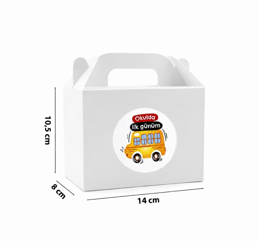 10x14 cm Beyaz Renkli Karton Hediye Kutusu Okulda İlk Günüm Etiketli 12'li Set