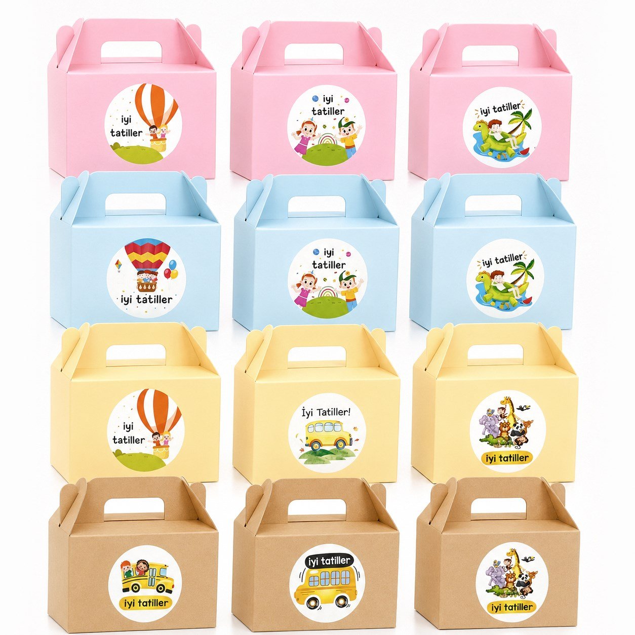 10x14 cm Karne Hediyelik Kutusu 12'li Set | İyi Tatiller Stickerlı Renkli Karton Hediye Kutuları