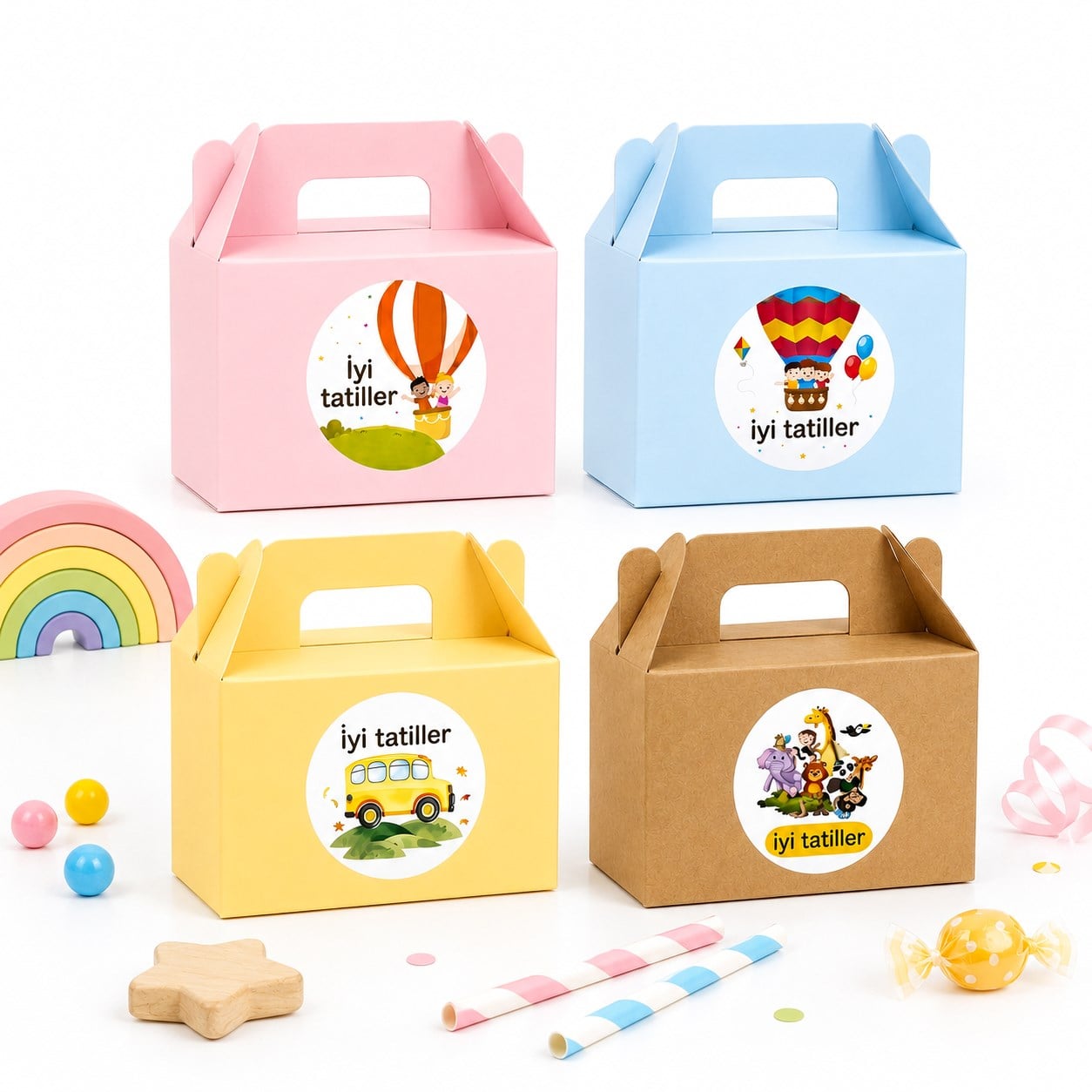 10x14 cm Karne Hediyelik Kutusu 12'li Set | İyi Tatiller Stickerlı Renkli Karton Hediye Kutuları