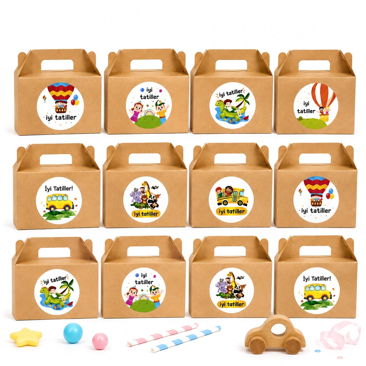 10x14 cm Kraft Hediye Kutusu 12 Adet | İyi Tatiller Etiketli Karne Hediyesi