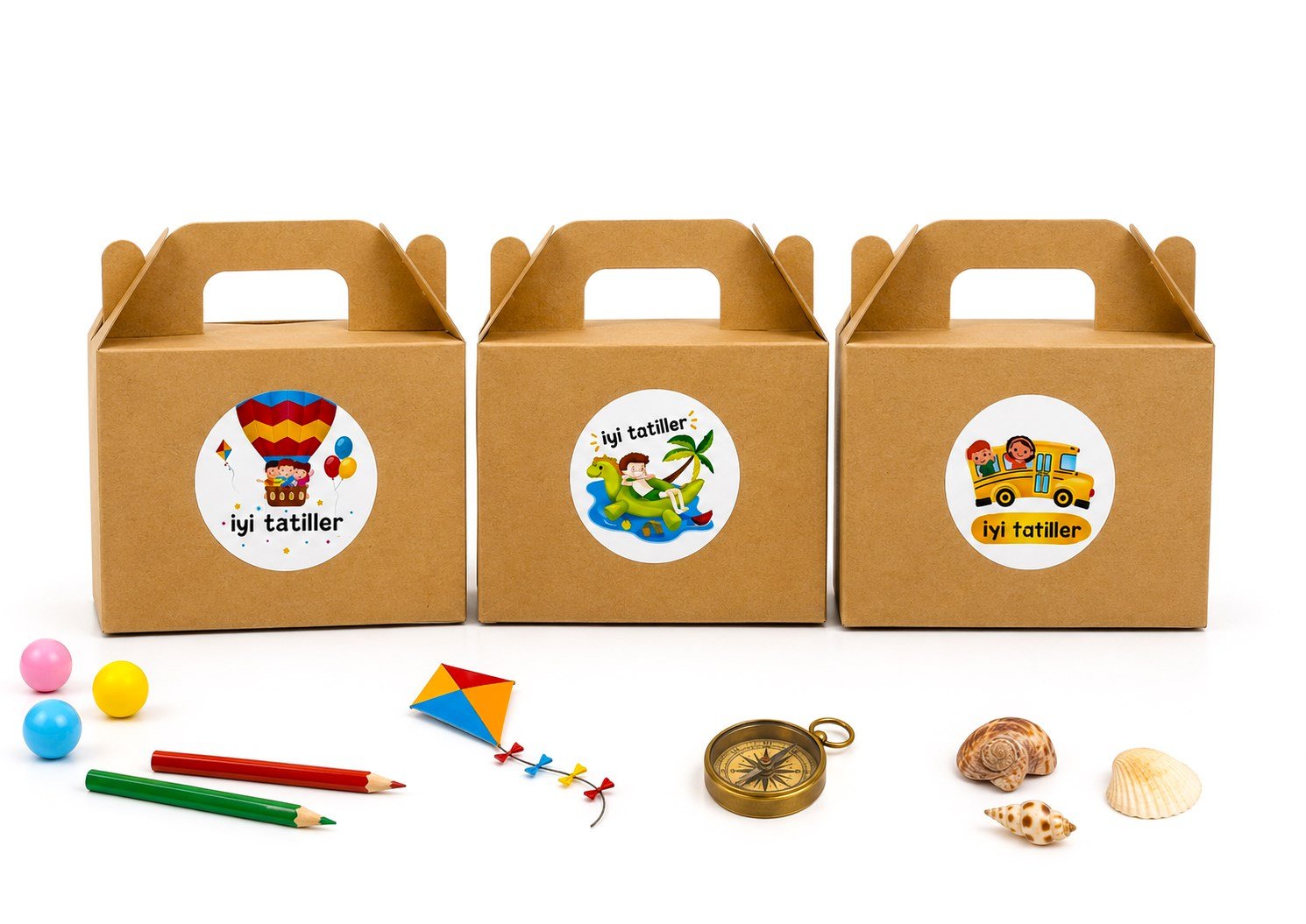 10x14 cm Kraft Hediye Kutusu 12 Adet | İyi Tatiller Etiketli Karne Hediyesi