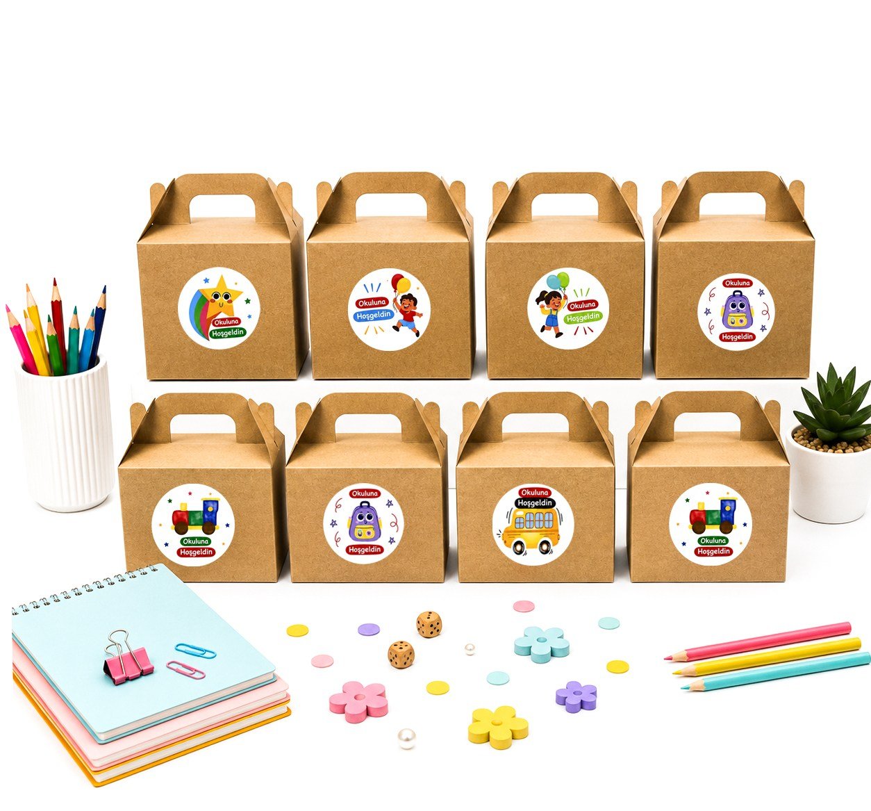 10x14 cm Kraft Karton Hediye Kutusu Okuluna Hoşgeldin Etiketli 12'li Set