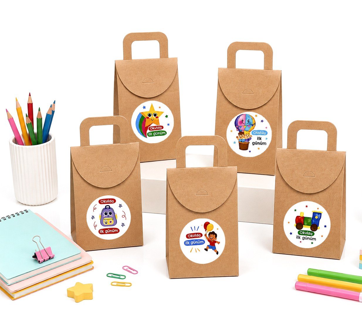 10x15 cm Kraft Karton Hediye Kutusu Okulda İlk Günüm Etiketli 20 Adet