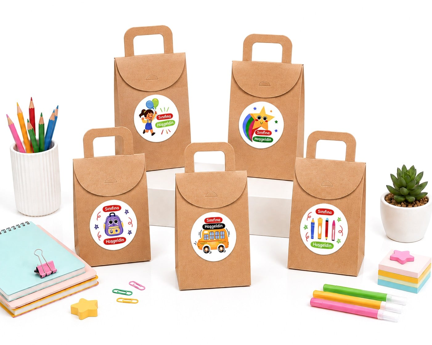 10x15 cm Kraft Karton Hediye Kutusu Sınıfına Hoşgeldin Etiketli 20 Adet