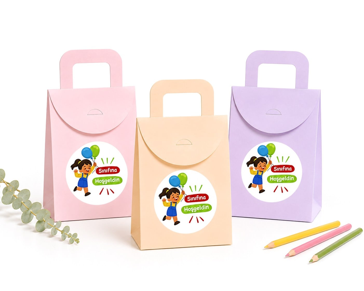 10x15 cm Renkli Karton Hediye Kutusu Sınıfına Hoşgeldin Etiketli 15'li Set