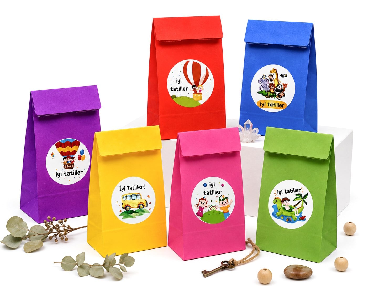 15x29 cm Karne Hediye Paketi ve Etiketli Set | 12'li Renkli Kese Kağıdı