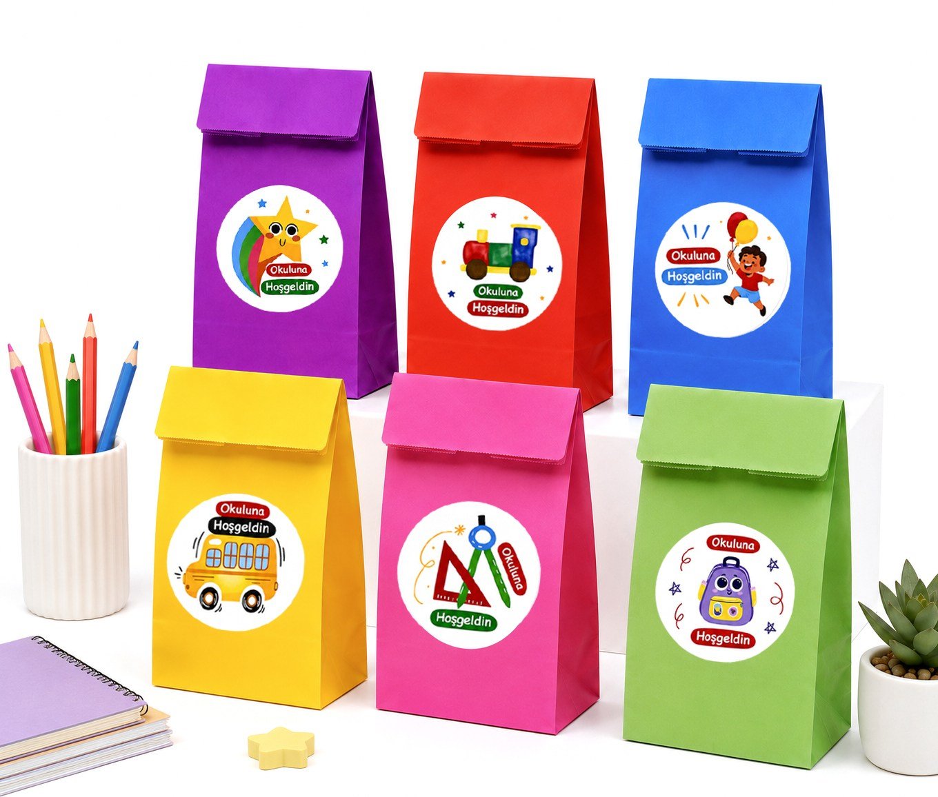 15x29 cm Okuluna Hoşgeldin Renkli Kese Kağıdı Hediye Çantası Etiketli 12'li Set