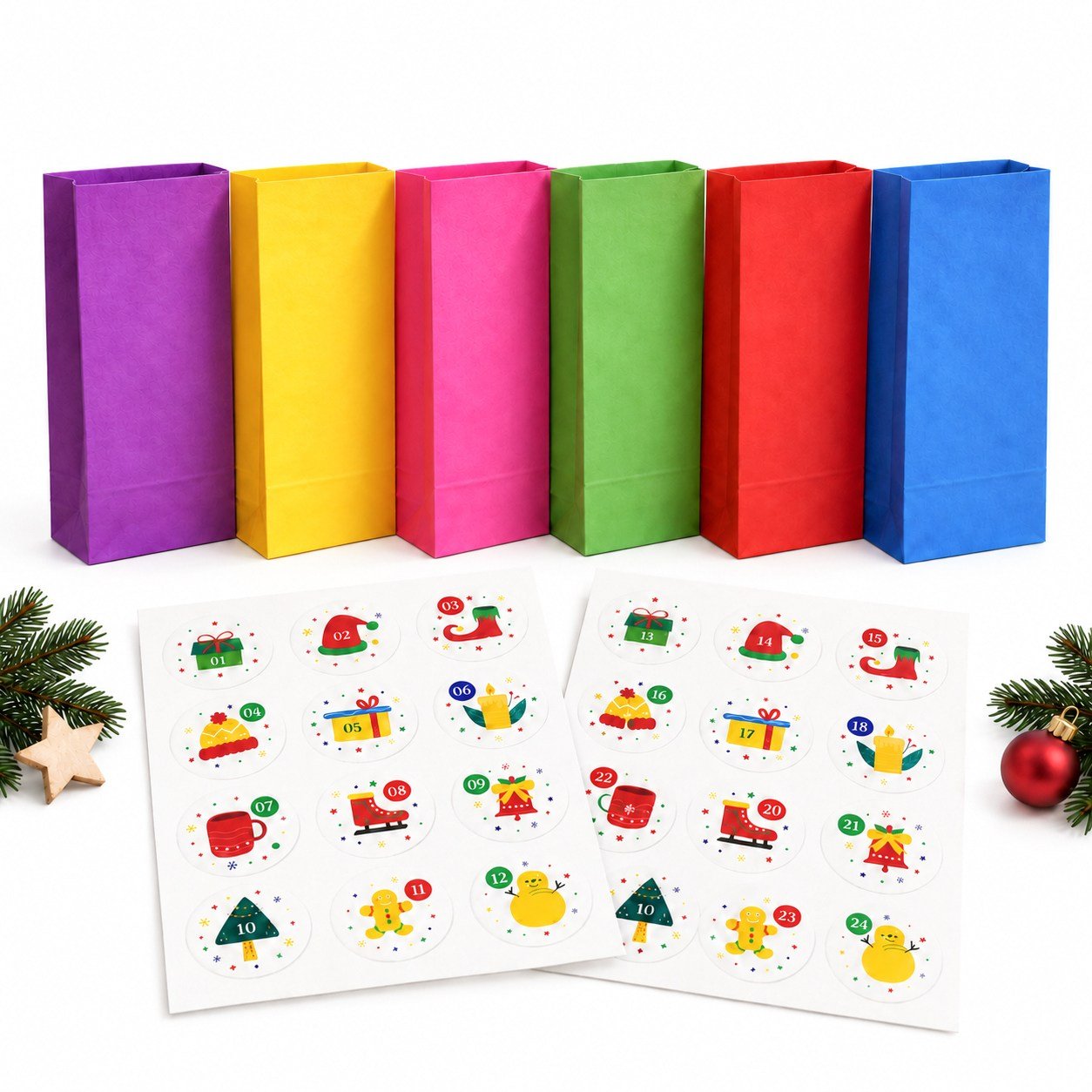 Advent Calendar Kese Kâğıdı 24'lü Set – 15x29 cm Numaralı Yılbaşı Hediye Kesesi