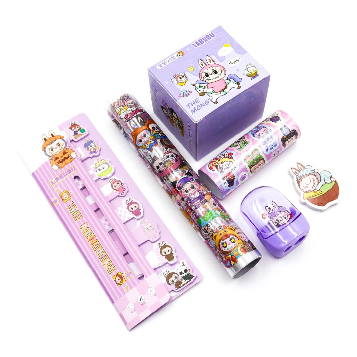 Labubu Hediyelik Kırtasiye Seti – Sticker, Etiket, Sticky Notes, Silgi, Kalemtıraş (Asetat Çantalı)
