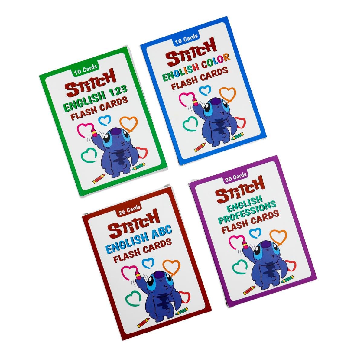 Stitch İngilizce Flash Kartlar – 4'lü Set (ABC, 123, Renkler, Meslekler) Premium Koleksiyon