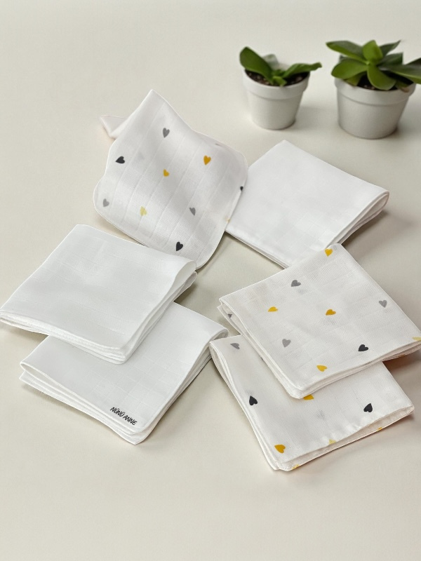 Çift Katlı Müslin Bebek Ağız Mendili, 6'lı , %100 Pamuklu Müslin, Çift Kat, 30X30 cm