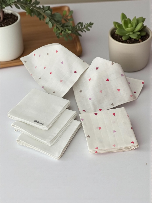 Çift Katlı Müslin Bebek Ağız Mendili, 6'lı , %100 Pamuklu Müslin, Çift Kat, 30X30 cm