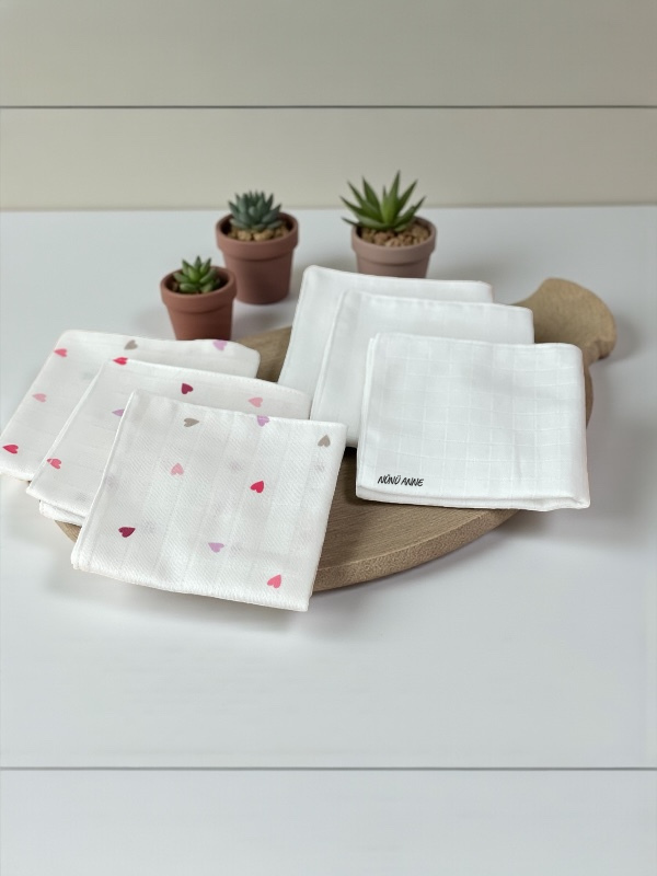 Çift Katlı Müslin Bebek Ağız Mendili, 6'lı , %100 Pamuklu Müslin, Çift Kat, 30X30 cm