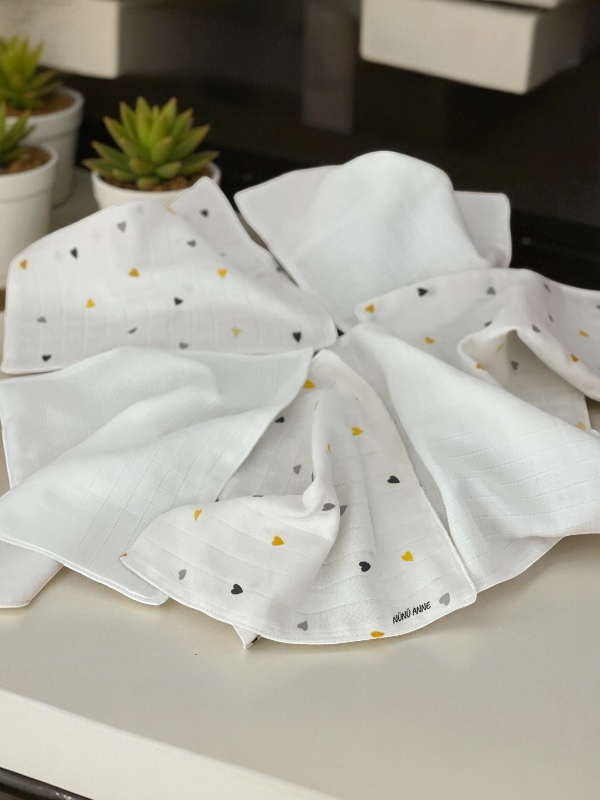 Çift Katlı Müslin Bebek Ağız Mendili, 6'lı , %100 Pamuklu Müslin, Çift Kat, 30X30 cm
