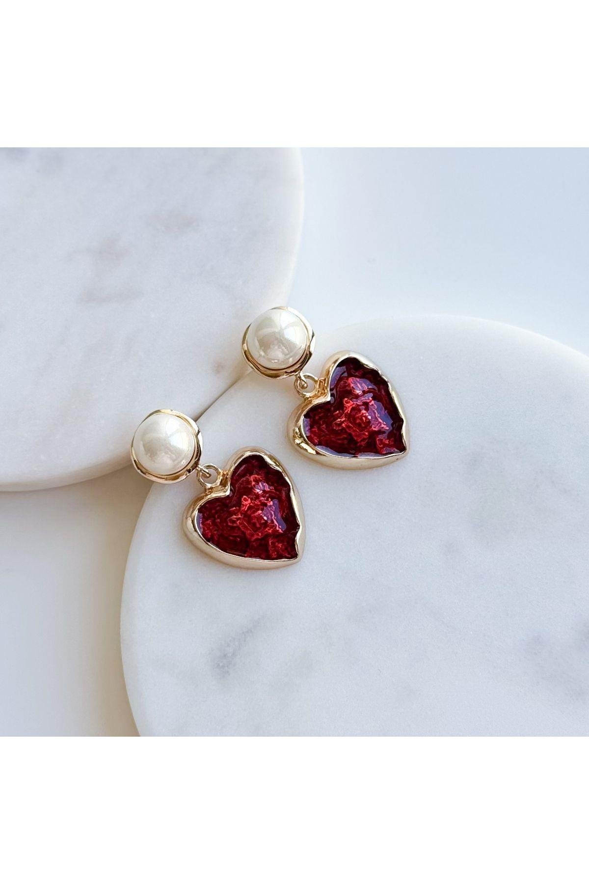 Çelik Kırmızı Kalp İnci Küpe