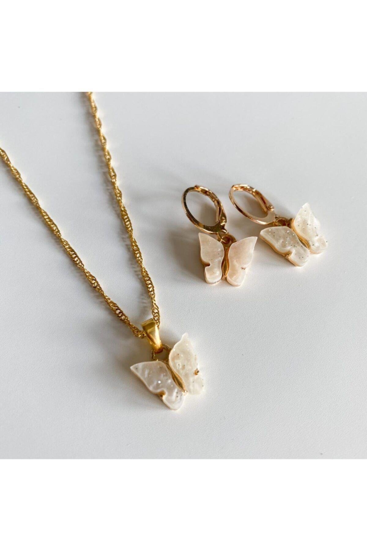 Krem Kelebek Kolye-küpe Set