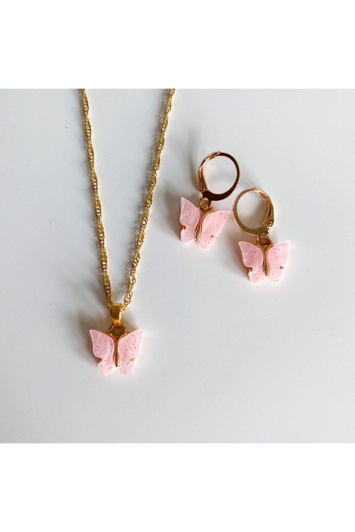 Pembe Kelebek Kolye-küpe Set