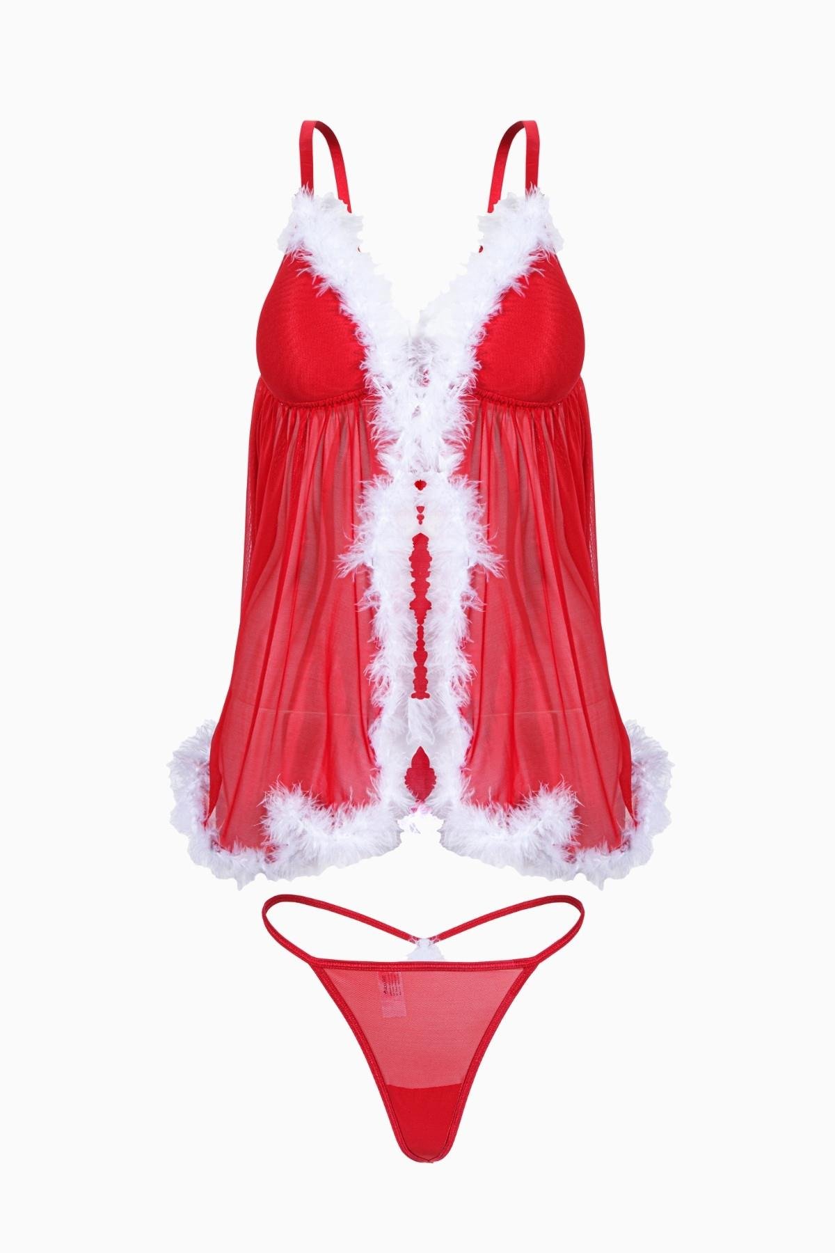 5004 Kırmızı Yılbaşı Dolgusuz Fantezi Babydoll Ve Tanga Takım