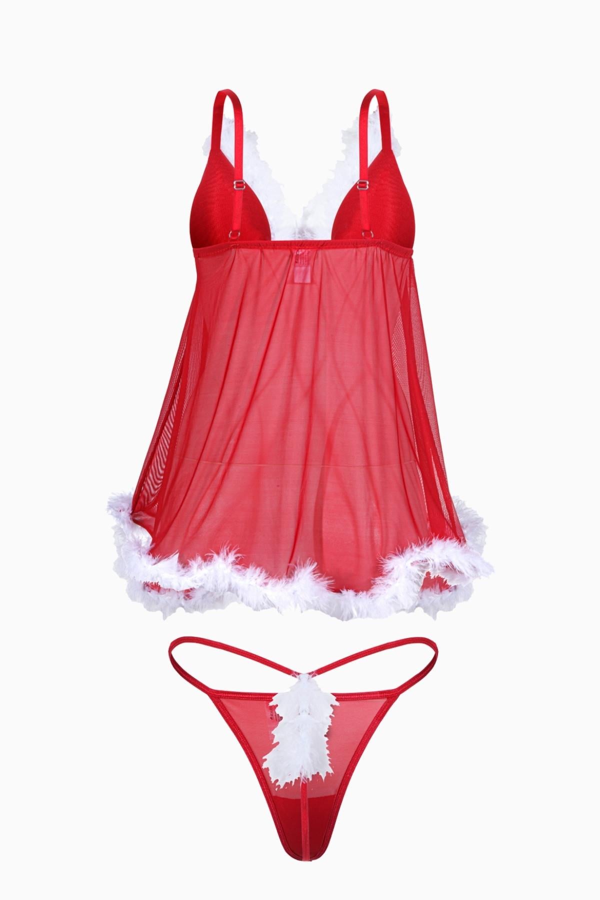 5004 Kırmızı Yılbaşı Dolgusuz Fantezi Babydoll Ve Tanga Takım