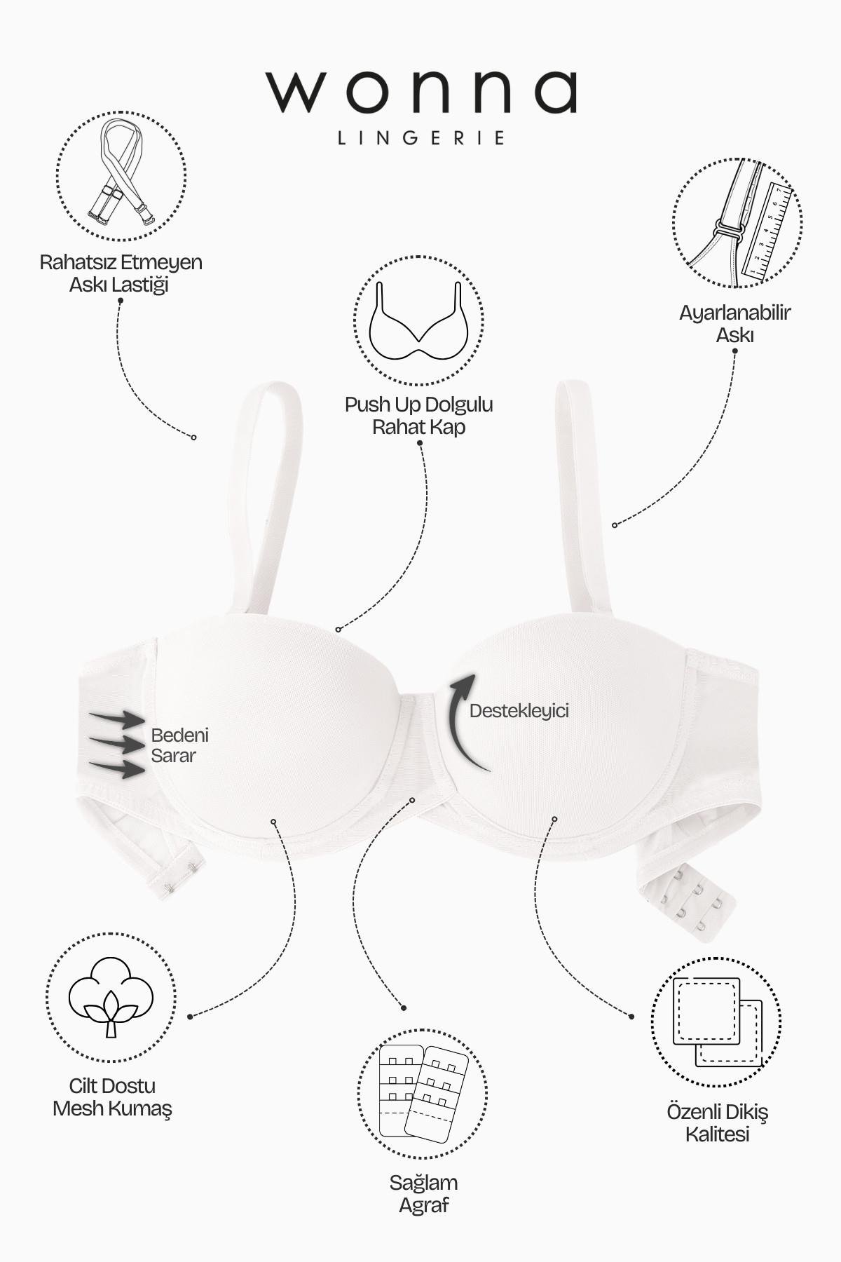 Alisa Premium Basic 2227 Ekru Push Up / Dolgulu Mesh Kumaş Straplez Sütyen