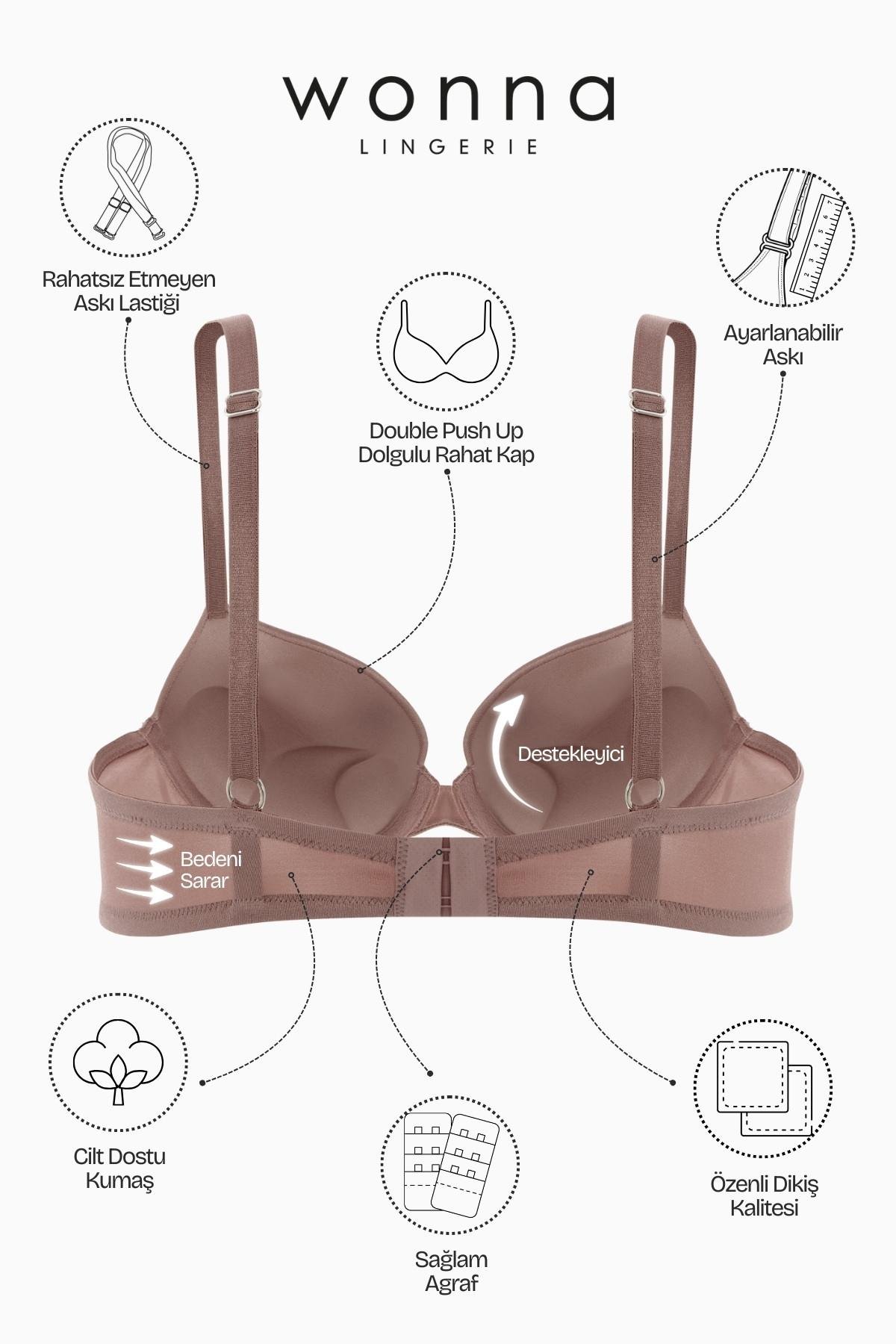 Andes 2527 Bronz Kahve Double Push Up / Ekstra Dolgulu Mikro Basic Sütyen