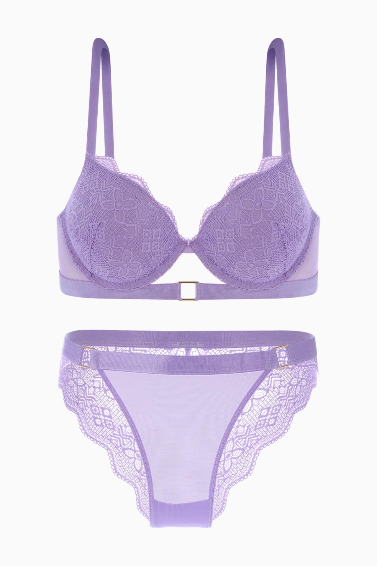 Andes 2576 Lila Kare Metal Aksesuarlı Ekstra Push Up Dantelli İç Çamaşır Takımı