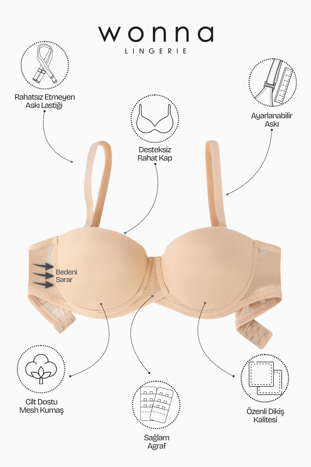 Anka Premium Basic 2228 Ten Desteksiz Mesh Kumaş Straplez Sütyen (DD Cup Seçeneğiyle