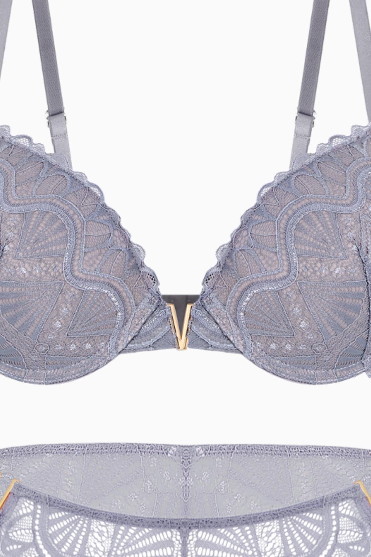 Anna 2568 Gri Gold Rengi Metal Aksesuarlı Push Up Dantelli Sütyen Ve Külot Takımı