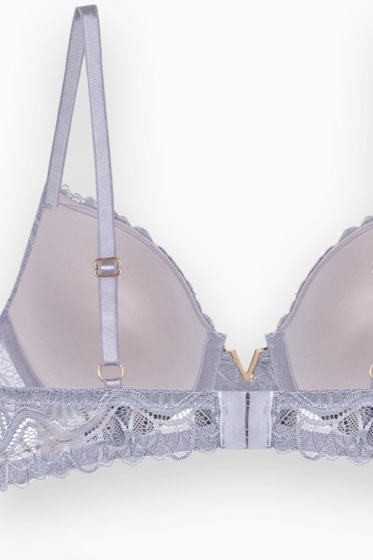 Anna 2568 Gri Gold Rengi Metal Aksesuarlı Push Up Dantelli Sütyen Ve Külot Takımı