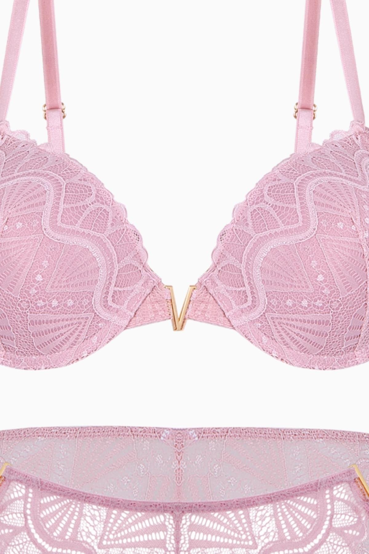 Anna 2568 Pudra Gold Rengi Metal Aksesuarlı Push Up Dantelli Sütyen Ve Külot Takımı