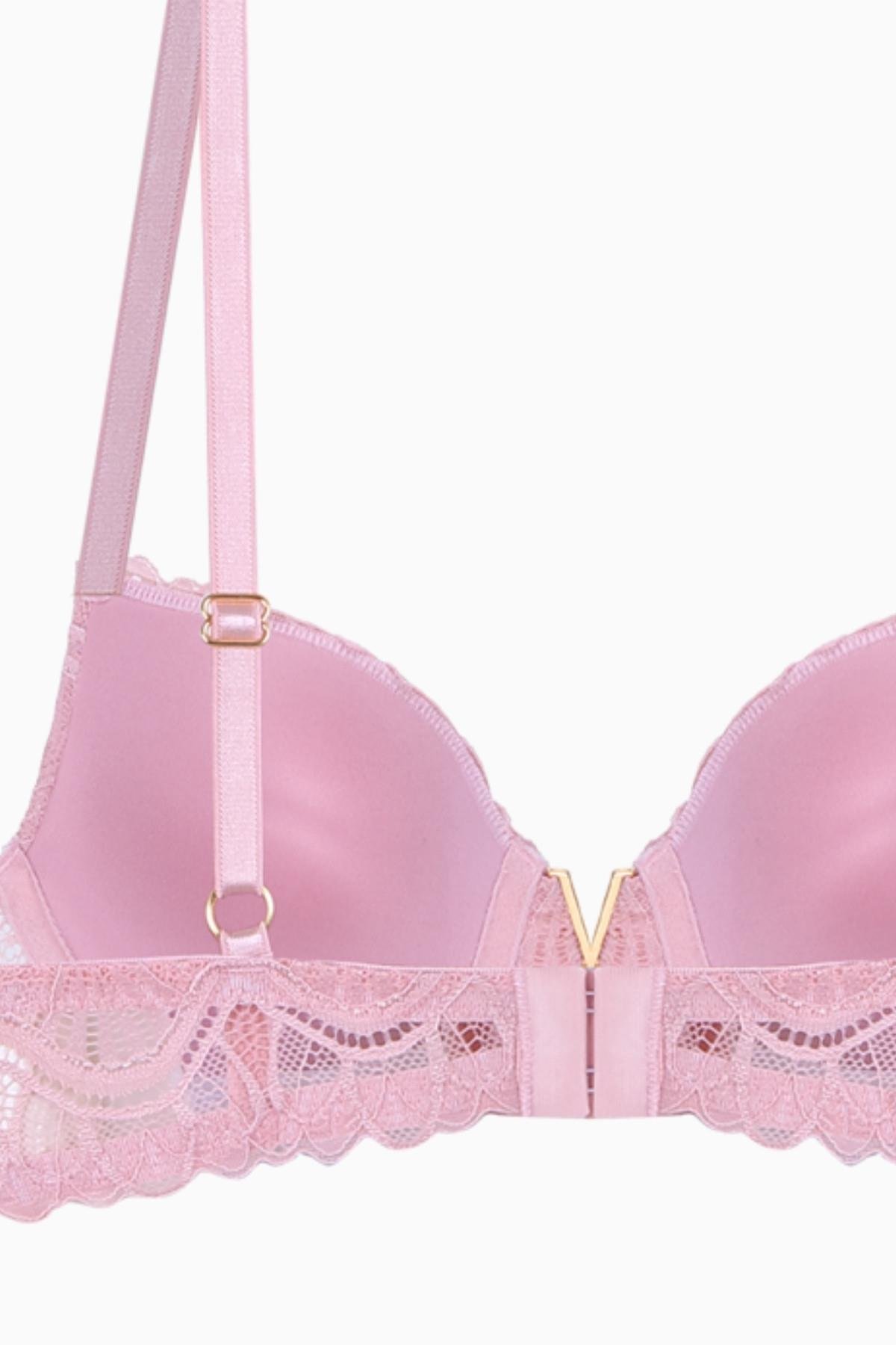 Anna 2568 Pudra Gold Rengi Metal Aksesuarlı Push Up Dantelli Sütyen Ve Külot Takımı