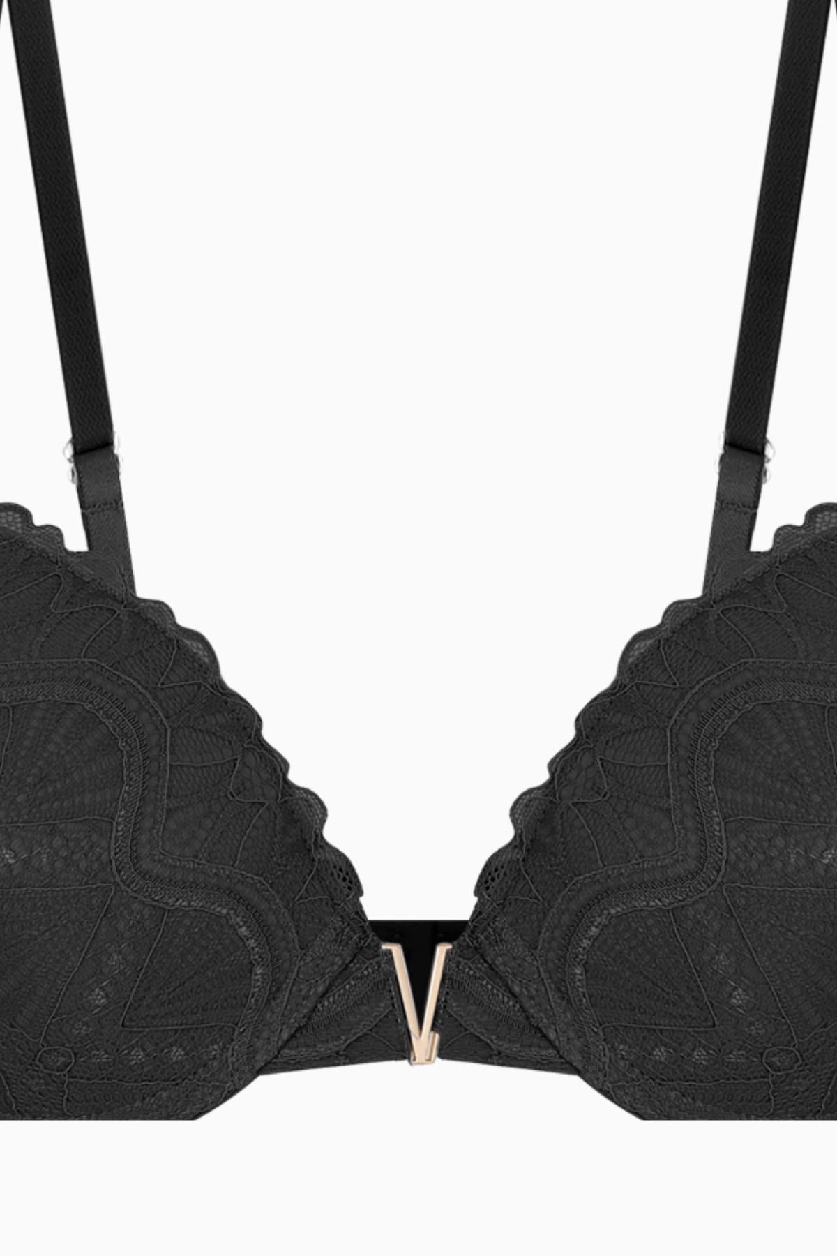 Anna 2568 Siyah Gold Rengi Metal Aksesuarlı Push Up Dantelli Sütyen