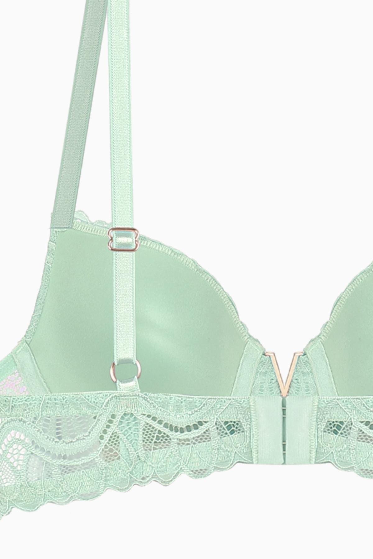 Anna 2568 Yeşil Gold Rengi Metal Aksesuarlı Push Up Dantelli Sütyen